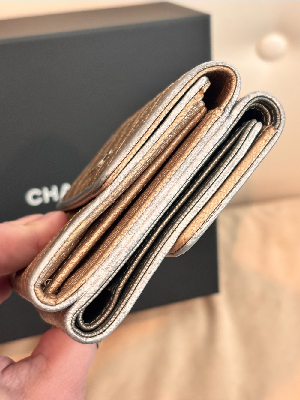 CHANEL Metallic Calfskin Bicolor Diamond Stitch Trifold Compact Wallet - Picture 6 of 16